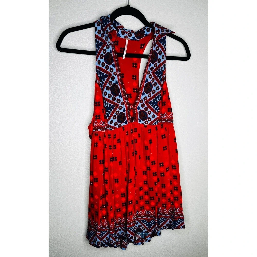Free People Boho Printed Halter‎ Tunic Top Orange Blue Women's XS Festival Boho